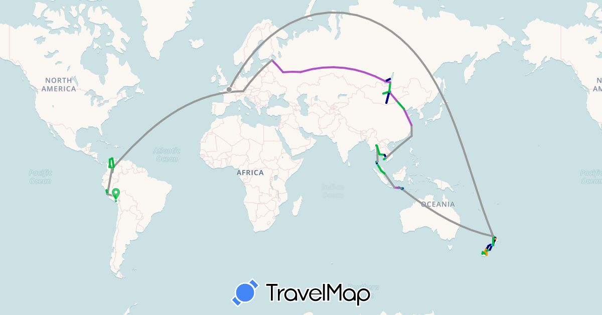 TravelMap itinerary: driving, bus, plane, cycling, train, boat, hitchhiking, motorbike in China, Colombia, Germany, France, Indonesia, Cambodia, Mongolia, Malaysia, New Zealand, Peru, Russia, Singapore, Thailand, Taiwan (Asia, Europe, Oceania, South America)